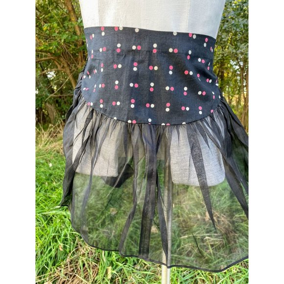 Vintage Hostess Apron Black Organdy pink polka dot - Picture 6 of 7